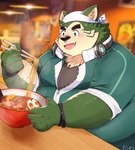 anthro belly bowl container eating electronics eyebrows food fur green_body green_fur headphones headphones_around_neck kerchief male noodles overweight overweight_male ramen solo thick_eyebrows daiwahouse0105 lifewonders live_a_hero mokdai canid canine canis domestic_dog mammal hi_res