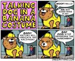 4_panel_comic banana_costume border brown_body brown_fur clothing costume duo fur gesture hand_gesture humor pointing speech_bubble text white_border white_speech_bubble onegianthand canid canine canis domestic_dog human mammal comic english_text url