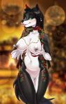 anthro big_breasts black_body black_fur black_hair blep breasts canid canine choker christmas christmas_lights felicity_longis female fox fur genitals green_eyes hair hi_res holidays jewelry mammal necklace nipples nude pussy red_body red_fur rizapiska smaller_version_at_source solo tongue tongue_out white_body white_fur wide_hips