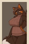 anthro areola areola_slip bedroom_eyes big_breasts big_tail biped black_nose bodily_fluids border bottomless bottomless_anthro bottomless_female breasts brown_areola brown_body brown_clothing brown_ears brown_fur brown_hair brown_sweater brown_tail brown_topwear cheek_tuft clothed clothing curvy_figure dipstick_tail doorway facial_tuft featureless_crotch female female_anthro fingers fluffy fluffy_tail front_view fur grey_background hair hand_on_tail holding_tail huge_breasts humanoid_hands lactating lactating_through_clothing long_hair looking_at_viewer markings milk monotone_hair multicolored_body multicolored_fur multicolored_tail narrowed_eyes orange_body orange_eyes orange_fur orange_inner_ear orange_markings orange_pupils orange_tail pupils ribbed_clothing ribbed_sweater seductive simple_background smile snout solo standing sweater sweater_only tail tail_markings three-quarter_view topwear topwear_only tuft virgin_killer_sweater voluptuous wet wet_clothing white_body white_border white_fur white_tail white_tail_tip wide_hips starfighter meme_clothing miriam_(starfighter) canid canine fox mammal 2021 colored digital_media_(artwork) hi_res meme portrait shaded signature three-quarter_portrait