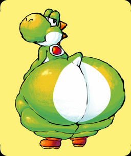 anthro big_butt big_nose black_eyes brown_clothing brown_footwear brown_shoes butt clothing footwear green_body green_tail huge_butt huge_thighs hyper hyper_butt looking_back male multicolored_body rear_view red_shell shell shoes simple_background smile solo tail thick_thighs two_tone_body two_tone_tail white_body white_tail yellow_background wolfygoofytoons mario_bros nintendo yoshi_(character) yoshi 2026 colored digital_media_(artwork) shaded