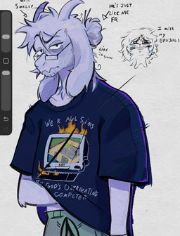 anthro art_program_in_frame black_bracelet blue_clothing blue_shirt blue_t-shirt blue_topwear bottomwear bracelet clothed clothed_anthro clothed_male clothing ears_as_hair ears_down eyewear fully_clothed fully_clothed_anthro fully_clothed_male fur fur_hair glasses green_bottomwear green_clothing green_pants green_sweatpants grey_outline hand_under_shirt head_horn horn jewelry looking_at_viewer male outline pants pivoted_ears pseudo_hair shirt simple_background smelly solo standing sweatpants t-shirt text topwear user_interface white_background white_body white_fur aembecile electronic_arts maxis_(ea) the_sims undertale undertale_(series) asriel_dreemurr boss_monster_(undertale) bovid caprine goat mammal 2025 3:4 digital_drawing_(artwork) digital_media_(artwork) english_text hi_res