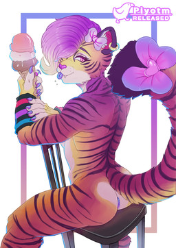 accessory anthro anus biped bow_(feature) bow_accessory bow_ribbon butt chair claws dessert ear_bow ear_piercing eyelashes fangs femboy food furgonomics furniture ice_cream looking_back male nude piercing pink_eyes ribbons simple_background sitting solo tail tail_accessory tail_bow tail_ribbon teeth tongue tongue_out piyotm felid mammal pantherine tiger 2018 hi_res