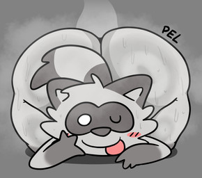 anthro ass_up big_butt blush blush_lines bodily_fluids butt front_view grey_nose huge_butt hyper hyper_butt looking_at_viewer markings musk one_eye_closed solo striped_markings striped_tail stripes sweat sweatdrop tail tail_markings thick_thighs tongue tongue_out pelnsfw deadlycomics_(copyright) deadlycomics_(character) mammal procyonid raccoon 2025 signature