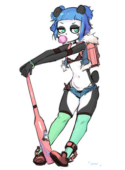 5_fingers anthro backpack baseball_bat bat_(object) biped black_body black_bra black_clothing black_ears black_fur black_panties black_tail black_thong black_underwear blowing_bubble_gum blue_eyes blue_hair bottomwear bra bracelet breasts bubble bubble_gum candy choker clothed clothing cuff_(restraint) dessert female fingers food footwear fur gum hair hotpants inflating jacket jewelry legwear looking_at_viewer multicolored_body multicolored_fur necklace open_bottomwear open_clothing open_jacket open_pants open_topwear panties pants pigtails randoseru restraints shackles shoes short_hair short_tail shorts simple_background skimpy small_breasts solo standing stockings tail thigh_highs thong topwear two_tone_body two_tone_fur underwear vest white_background white_body white_fur young scorci nuwa_nightstone bear giant_panda mammal 2018 digital_media_(artwork) hi_res