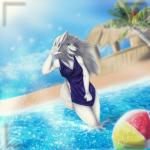 anthro ball beach beach_ball biped breasts camera_view clothed clothing detailed_background female grey_hair hair inflatable looking_at_viewer open_mouth outside pool_toy sand seaside sky smile solo standing water wave dafka inora_weissklaue canid canine mammal 1:1 hi_res