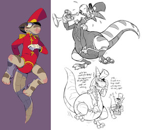 4_toes anthro blush bodily_fluids brass_instrument claws clothed clothing dialogue diaper diaper_under_clothing diaper_under_onesie duo feet genital_fluids hat headgear headwear long_tail male marching_band_uniform musical_instrument onesie red_clothing red_hat red_headwear sagging_diaper sharp_teeth simple_background size_difference snare_drum solo striped_legs tail teeth text toe_claws toes toony trumpet unclean_diaper uniform urine used_diaper wearing_diaper wet_diaper wind_instrument crackajackin mythology cj_(crackajackin) flookz_(character) dragon lizard mythological_creature mythological_scalie reptile scalie 2021 digital_media_(artwork) english_text greyscale hi_res monochrome multiple_images