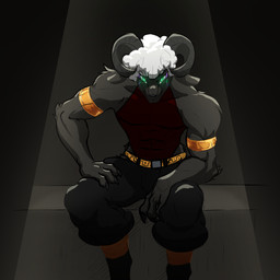 3_fingers 4_eyes anthro arm_on_knee arm_on_leg armband black_body black_fur bottomwear claws clothed clothing eyeliner fingers fur glare glaring_at_viewer glowing glowing_eyes gold_band green_eyes hair hand_on_leg hand_on_thigh horn light light_beam looking_at_viewer makeup male multi_eye muscular muscular_anthro muscular_male purple_eyeliner simple_background sitting smile smirk solo topwear white_hair jodelr jode_r_erick_(jodelr) bovid caprine mammal sheep 1:1 digital_media_(artwork)