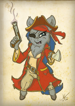 anthro biped blue_eyes blue_hair blue_tail bottomwear brown_hooves clothed clothed_anthro clothed_female clothing eye_patch eyelashes eyewear female female_anthro fur grey_body grey_bottomwear grey_clothing grey_fur grey_pants gun hair hat headgear headwear holding_gun holding_melee_weapon holding_object holding_ranged_weapon holding_sword holding_weapon hooves jacket long_hair melee_weapon monotone_body monotone_fur open_mouth pants pirate pirate_hat pirate_outfit ranged_weapon red_clothing red_hat red_headwear red_jacket red_topwear simple_background smoke solo standing sword tail teeth threatening threatening_viewer topwear weapon yellow_background yellow_clothing yellow_topwear wetfluff fluffy_pony fluffy_pony_(species) mammal cel_shading digital_drawing_(artwork) digital_media_(artwork) full-length_portrait portrait shaded signature