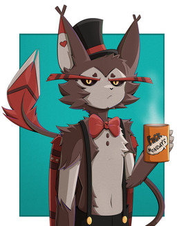 anthro arm_tuft black_body black_fur black_nose black_sclera blue_background bottomwear bow_tie button_(fastener) chest_tuft clothed clothing container cup facial_tuft fur hat headgear headwear heart_symbol male mug navel orange_eyes overalls pants pointy_ears profanity red_body red_eyes shoulder_tuft simple_background solo standing steam suspenders tail text top_hat topless tuft white_background white_body white_fur gaogomon hazbin_hotel hellaverse husk_(hazbin_hotel) felid feline mammal 2024 absurd_res english_text hi_res portrait three-quarter_portrait