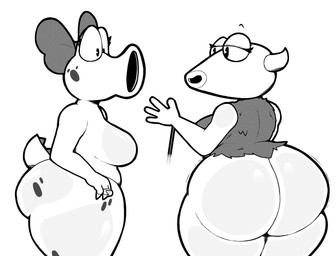 4_fingers accessory anthro big_butt bow_ribbon breasts butt diamond_(gem) digit_ring duo female finger_ring fingers fur gem hair_accessory hair_bow hair_ribbon jewelry not_furry nude puppet ribbons ring simple_background siphon_(anatomy) thick_thighs lewdewott disney mario_bros muppets nintendo the_muppet_show birdo_(character) the_snowths alien alien_humanoid birdo humanoid living_puppet muppet reptile scalie black_and_white crossover digital_drawing_(artwork) digital_media_(artwork) hi_res monochrome sketch trans_(lore) trans_woman_(lore)