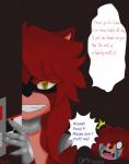 2014 animatronic anthro bodily_fluids brown_eyes comic crying dated digital_drawing_(artwork) digital_media_(artwork) discordmelody female five_nights_at_freddy's foxy_(fnaf) freckles hair hair_over_eye hi_res jasmine_ivory machine mammal one_eye_obstructed red_hair robot rodent scared sciurid scottgames security signature simple_background smile smirk tears teeth tree_squirrel worried year yellow_eyes