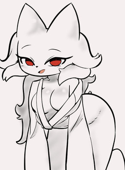 all_fours anthro big_breasts black_nose breasts cleavage clothed clothing eyelashes female front_view fur looking_at_viewer open_mouth open_smile red_eyes simple_background smile solo thick_thighs white_background white_body white_fur wide_hips yerbmeow nine_sols red_candle_games heng_(nine_sols) felid feline mammal solarian