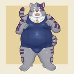 anthro bell belly blush bulge clothing embarrassed fur male overweight purple_body purple_fur school_swimsuit solo standing striped_body striped_fur stripes swimwear yaki_atsuage lifewonders live_a_hero bygul domestic_cat felid feline felis mammal 1:1 hi_res