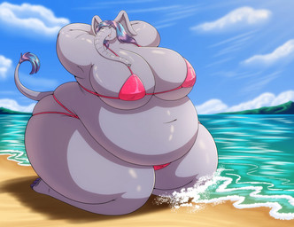 anthro beach belly big_belly big_breasts bikini breasts clothing cloud female huge_belly huge_breasts huge_thighs hyper overweight overweight_anthro overweight_female proboscis_(anatomy) sky solo swimwear thick_thighs trunk_(anatomy) two-piece_swimsuit robthehoopedchipmunk mia_(robthehoopedchipmunk) elephant elephantid mammal proboscidean hi_res