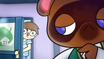 anthro bent_arm blue_bottomwear blue_clothing blue_eyes blue_pants blue_stripes blue_wall bottomwear brown_body brown_eyes brown_fur brown_hair brown_markings clothed clothed_anthro clothed_human clothed_male clothing door doorframe duo eyebrow_through_hair eyebrows facial_markings fingers fully_clothed fully_clothed_human fully_clothed_male fur green_clothing green_topwear green_vest hair head_markings light looking_at_another looking_back looking_back_at_another male male_anthro male_human markings necktie no_pupils opening_door pants pattern_clothing pattern_shirt pattern_t-shirt pattern_topwear pink_inner_ear red_necktie red_nose shirt short_hair striped_clothing striped_shirt striped_t-shirt striped_topwear stripes t-shirt topwear translucent translucent_hair triangle_nose vest wall_(structure) white_clothing white_dress_shirt white_shirt white_t-shirt white_topwear window cookieboy011 animal_crossing nintendo tom_nook_(animal_crossing) villager_(animal_crossing) canid canine human mammal raccoon_dog tanuki 2019 colored digital_drawing_(artwork) digital_media_(artwork) english_description lighting shaded story story_in_description