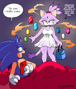 anthro bed bed_sheet bedding biped blue_body breasts cellphone clothed clothing duo electronics eyelashes female furniture holding_cellphone holding_object holding_phone male nightgown phone pillow pupils purple_body smile text translucent translucent_clothing quavernsfw sega sonic_the_hedgehog_(series) blaze_the_cat sonic_the_hedgehog domestic_cat eulipotyphlan felid feline felis hedgehog mammal english_text hi_res