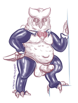 anthro armwear ball_tuft balls beak bedroom_eyes belly belly_overhang bow_tie cheek_tuft claws clothing costume erection facial_tuft feather_tuft feathers feet finger_claws fluffy_balls genitals hand_on_hip hand_on_wall head_tuft humanoid_genitalia humanoid_penis latex latex_armwear latex_clothing latex_legwear legwear looking_at_viewer male moobs narrowed_eyes overweight overweight_male penis purple_latex reverse_bunny_costume seductive solo tail tail_feathers talon_hands talons toe_claws toes tuft undergreysnest dungeons_and_dragons hasbro wizards_of_the_coast barbertos_troulasorn_(undergreysnest) avian bird great_horned_owl horned_owl owl owlin true_owl 2024 colored_sketch dated signature sketch