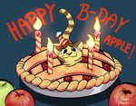 ambiguous_gender anthro apple candle clothing dessert fire food fruit fur hat headgear headwear looking_at_viewer male party_hat pastry pie plant smile solo text yellow_body yellow_fur juantriforce ty_(appleseed) banded_linsang linsang mammal viverrid 2020 digital_media_(artwork) english_text hi_res