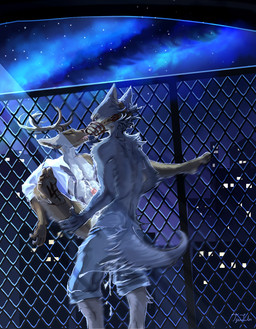 against_fence against_surface anthro antlers bared_teeth bdsm bodily_fluids brown_body brown_fur carrying_another carrying_partner chain-link_fence clothed clothing cum cum_drip cum_on_clothing cum_while_penetrated cumshot dripping duo ejaculation eyes_closed fence fur genital_fluids grey_body grey_fur growling holding_another holding_partner horn interspecies legs_up looking_at_another looking_at_partner looking_pleasured male male/male motion_blur muzzle_(object) muzzled night outside partially_clothed penetration predator/prey public saliva saliva_string semi_public snarling spread_legs spreading standing star text wire_basket_muzzle tzulin beastars legoshi_(beastars) louis_(beastars) canid canine canis cervine deer mammal red_deer wolf 2018 english_text hi_res