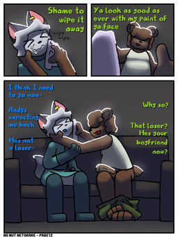 after_sex anthro bodily_fluids cheating_girlfriend clothed clothing cum cum_on_face dialogue duo female furniture genital_fluids genitals infidelity male male/female pantsless penis sofa wiping_face connorsconnor no_nut_november barley(connorsconnor) conley bear hybrid mammal colored comic hi_res meme shaded