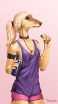 anthro bottle clothed clothing collar container electronics female headphones portable_music_player simple_background solo standing studded_collar studs water_bottle conqista witchpuppy canid canine canis domestic_dog hunting_dog mammal saluki sighthound