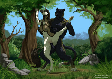 anthro blush bodily_fluids body_blush curvy_figure duo eyes_closed female forest_background from_behind_position genitals horn looking_pleasured male male/female muscular muscular_anthro on_one_leg penetration penile penile_penetration sex standing standing_doggystyle standing_sex sweat thibeault vulva vulva_blush witchydawgart mythology antelope bovid equid equine felid grazing_antelope leopard mammal mythological_creature mythological_equine oryx pantherine unicorn