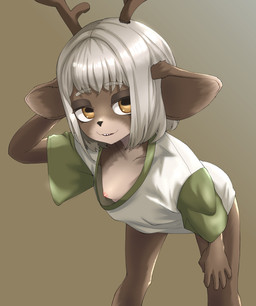 5_fingers anthro antlers areola bangs bent_over bob_cut bottomless breasts brown_antlers brown_body brown_fur brown_horn clothed clothed_anthro clothed_female clothing collarbone countershade_face countershade_torso countershading dipstick_ears down_blouse ear_markings eyebrow_through_hair eyebrows eyelashes female female_anthro fingers front_view fur hair half-closed_eyes hand_behind_head hand_on_knee hand_on_leg horizontal_pupils horn humanoid_hands ineffective_clothing ineffective_topwear knock-kneed leaning leaning_forward looking_at_viewer markings multicolored_body multicolored_ears multicolored_fur narrowed_eyes nipples no_bra one_breast_out open_mouth open_smile oversized_clothing oversized_topwear pupils raised_arm raised_eyebrows sharp_teeth shirt shirt_only simple_background small_breasts smile smiling_at_viewer solo standing t-shirt t-shirt_only tan_body tan_fur teeth three-quarter_view topwear topwear_only translucent translucent_hair two_tone_body two_tone_fur white_hair yellow_eyes r4b1 studio_wrong seeka_(studio_wrong) cervine deer demon hybrid mammal sika_deer absurd_res digital_drawing_(artwork) digital_media_(artwork) hi_res portrait shaded three-quarter_portrait