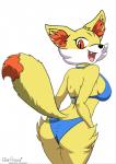 anthro anthrofied bikini black_nose breasts canid canine clothing digital_media_(artwork) fangs female fennekin fur generation_6_pokemon hands_on_hips inner_ear_fluff looking_back mammal multicolored_body multicolored_fur nintendo open_mouth pokemon pokemon_(species) pokemorph polar_aurora poopysocks9 red_body red_eyes red_fur simple_background solo standing swimwear teeth tuft two-piece_swimsuit white_background white_body white_fur yellow_body yellow_fur