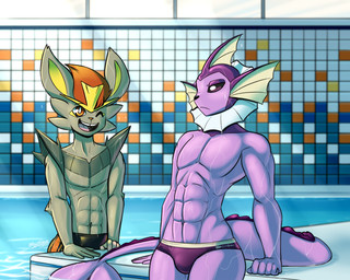 abs anthro arm_tuft biceps brown_body brown_fur cheek_tuft clothed clothing detailed_background duo ear_tuft elbow_tuft facial_tuft fin frill_(anatomy) fur head_crest head_frill male membrane_(anatomy) membranous_frill muscular muscular_anthro muscular_male one_eye_closed open_mouth orange_eyes partially_submerged pecs pink_body pink_eyes pink_skin poolside red_body red_fur speedo speedo_only standing swimming_pool swimming_trunks swimwear tail tail_fin teeth tongue tooth_gap topless tuft wet latiar nintendo pokemon antonio_(latiar) fan_character lorenzo_(latiar) aquatic cinderace eeveelution generation_1_pokemon generation_8_pokemon lagomorph mammal pokemon_(species) shiny_pokemon vaporeon 2023 5:4