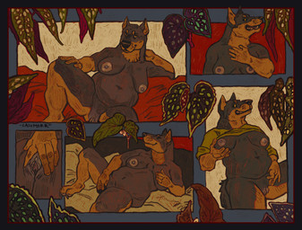 anthro belly big_belly big_breasts black_border border breasts female fingering genital_shot genitals masturbation navel nipples nude overweight pose solo vulva vulva_shot jagal jay_(deotasdevil) beauceron canid canine canis domestic_dog herding_dog mammal pastoral_dog absurd_res hi_res huge_filesize pinup