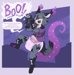 3_toes abstract_background anthro biped black_body black_fur bone_symbol camera clean_diaper clothed clothing dialogue diaper feet fur grey_body grey_fur open_mouth open_smile pawpads purple_pawpads simple_background smile solo speech_bubble text toes wearing_diaper bubblepuppers ghost mammal spirit digital_media_(artwork) english_text hi_res