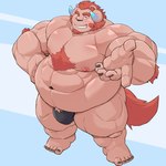 anthro belly body_hair bulge chest_hair clothing fur grin horn male musclegut muscular navel nipples one_eye_closed pecs pink_body pink_fur smile solo thong underwear wink othukimi lifewonders tokyo_afterschool_summoners chernobog_(tas) demon 1:1 hi_res