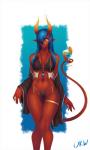 beverage bikini blue_hair breasts butt butt_from_the_front clothed clothing container cup female front_view hair hair_over_eye horn humanoid_pointy_ears jewelry legband looking_at_viewer navel necklace not_furry one_eye_obstructed pointy_ears prehensile_tail red_body red_skin simple_background skimpy solo spade_tail standing swimwear tail thigh_gap thighband two-piece_swimsuit yellow_eyes urw ingrid_(urw) demon humanoid 2019 3:5 hi_res signature