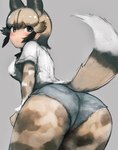 black_hair bottomwear breasts brown_hair butt butt_focus clothed clothing denim denim_bottomwear denim_clothing denim_shorts dipstick_ears ear_markings female hair hotpants legwear multicolored_ears multicolored_hair rear_view shirt short_hair shorts solo tights topwear shibori_kasu kemono_friends african_wild_dog_(kemono_friends) african_wild_dog_humanoid animal_humanoid canid canid_humanoid canine canine_humanoid humanoid mammal mammal_humanoid hi_res