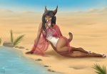 2013 anklet anthro arm_support aurah barefoot biped black_hair black_lips blue_sky bottomless breasts brown_body brown_fur caracal caracal_(genus) censored claws clothed clothing convenient_censorship desert detailed detailed_background digital_media_(artwork) exposure_variation fangs feet felid feline female fur green_eyes hair jewelry lips long_hair looking_at_viewer mammal multicolored_body multicolored_fur navel necklace oasis on_ground open_mouth outside paws pinup pose sand seductive shaded side_view silk skimpy sky solo teeth tongue translucent translucent_clothing two_tone_body two_tone_fur water white_body white_fur wyla