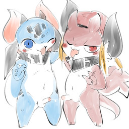 anthro balls beret blonde_hair blue_body blush bodily_fluids claws clothing countershading cum cum_string duo erection genital_fluids genitals hair hat head_markings headgear headwear horn humanoid_genitalia humanoid_penis looking_at_viewer male male/male markings mostly_nude multi_arm multi_limb navel one_eye_closed penis red_body scarf scarf_only shota simple_background smile tail tongue tongue_out white_background wink winking_at_viewer young young_anthro young_male doneru mythology gidoniko_(doneru) neneruko_(doneru) dragon mythological_creature mythological_scalie scalie hi_res sketch