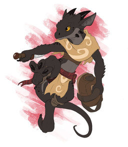 ambiguous_gender bag black_body black_scales bottomwear claws clothing dagger fangs horn loincloth melee_weapon scales solo teeth weapon flamespitter keani kobold scalie female_(lore)