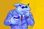 anthro blue_body bodily_fluids clock duo eyewear hair humor male necktie nervous_smile red_necktie sunglasses sweat teeth thinking thoughtful_expression toony watch wristwatch toastyjammin marc_antony_thinking_pose omori_(game) hero_(omori) mr._jawsum fish human mammal marine shark hi_res meme