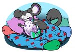 anthro bedding blanket egg eyes_closed female lying on_side pillow purple_egg scarf sleeping solo spotted_egg tiki_san nintendo pokemon emolgack emolga generation_5_pokemon pokemon_(species)