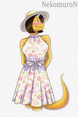 anthro big_breasts blue_eyes blush breasts brown_hair clothed clothed_anthro clothed_female clothing dress facial_horn female floral_print front_view hair hands_behind_back hat headgear headwear horn looking_aside medium_hair non-mammal_breasts shy simple_background solo sun_hat sundress tail text white_background white_clothing white_dress yellow_body nekomuro hold_onto_mi mimi_(hold_onto_mi) ceratopsian ceratopsid chasmosaurine dinosaur marginocephalian ornithischian prehistoric_species reptile scalie triceratops 2:3 absurd_res artist_name colored hi_res portrait shaded three-quarter_portrait