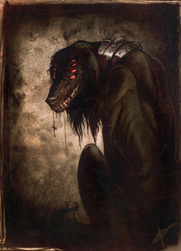 abstract_background blood bodily_fluids collar cross female feral multi_eye realistic red_eyes simple_background solo maladies hellsing mythology baskerville_(hellsing) canid canid_demon canine canis demon domestic_dog hellhound mammal mythological_canine mythological_creature detailed