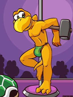 anthro athletic barefoot bulge clothed clothing dancing feet grin group hammer male on_one_leg pole pole_dancing shell shell-less silhouette smile solo_focus standing thong tools topless turtle_shell underwear conditional_dnp grumpyvulpix mario_bros nintendo hammer_bro koopa scalie 3:4 aliasing digital_media_(artwork) signature