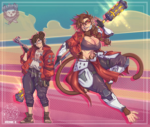 5_fingers 5_toes anthro armor barefoot big_breasts black_bottomwear black_bra black_clothing black_gloves black_handwear black_pants black_sports_bra black_underwear bottomwear bra breast_expansion breasts brown_body brown_clothing brown_footwear brown_fur brown_hair brown_shoes cleavage clothed clothing ear_piercing ear_ring expansion exposure_variation eyewear feet female fingerless_gloves fingers footwear fur glasses gloves hair handwear holding_object holding_staff human_to_anthro jacket leg_braces looking_at_viewer open_clothing open_jacket open_mouth open_topwear pants piercing ponytail prehensile_feet red_clothing red_jacket red_topwear ring_piercing shirt shoes solo species_transformation sports_bra staff toeless_footwear toeless_shoes toes topwear transformation underwear vambrace white_clothing white_shirt white_topwear yellow_eyes mr._deathcat ai_(midrushnic) haplorhine human mammal monkey primate 2023 absurd_res hi_res