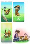 ambiguous_gender ball captain's_ball duo eyes_closed female feral holding_object holding_pokeball pokeball tail tail_motion tailwag text risachantag nintendo pokemon eevee generation_1_pokemon human mammal pokemon_(species) comic url