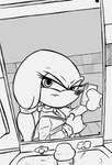 anthro bathroom biped cellphone clothed clothing crossgender electronics female gloves handbag handwear holding_cellphone holding_object holding_phone inside looking_at_another mirror mirror_selfie mouth_closed mtf_crossgender phone selfie shirt sink solo spiked_gloves spikes topwear jumpjump sega sonic_the_hedgehog_(series) knuckles_the_echidna echidna mammal monotreme 2025 hi_res monochrome