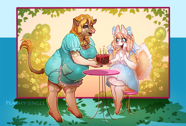 accessory anthro apron birthday birthday_cake blonde_hair blouse blue_clothing blue_eyes bow_ribbon braided_hair braided_pigtails breasts brown_body brown_fur cake cheek_tuft cleavage clothed clothing cloven_hooves cowbell dessert dress duo facial_tuft female female/female fingers food fur hair hair_accessory hair_bow hair_ribbon happy holding_food holding_object hooved_fingers hooves horn inner_ear_fluff jewelry navel necklace outie_navel pigtails pregnant pregnant_anthro pregnant_female ribbons sitting smile standing surprised tail tail_tuft tan_body tan_fur teal_clothing teal_eyes topwear tuft peachy-jingle bethany_genisse peachy_(peachy-jingle) bovid bovine canid canine cattle fox highland_cattle hybrid jersey_cattle mammal 2025 hi_res