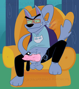 animal_genitalia animal_penis anthro balls black_nose bottomwear canine_genitalia canine_penis clothing erection eyewear furniture genitals glasses grey_body male musk pants penis plant shirt sitting sofa solo topwear tree srirachamander rockolandia canid canine canis mammal wolf 2025 hi_res