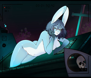 anthro big_breasts black_bars breasts camera_overlay camera_view female fur hair looking_at_viewer piercing pose smile solo tail kaiwhero ghost lagomorph leporid mammal rabbit spirit absurd_res digital_media_(artwork) hi_res letterbox pinup