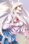 anthro asian_clothing breasts clothed clothed_anthro clothed_female clothing east_asian_clothing eyelashes female female_anthro fur hair japanese_clothing japanese_school_uniform kemono looking_at_viewer markings open_mouth red_eyes school_uniform smile solo topwear uniform white_body white_fur white_hair purplelemons tamamo-chan's_a_fox tamamo_fushimi canid canine fox mammal 2020 digital_media_(artwork) hi_res